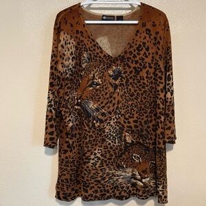 Maggie Barnes Artsy Boho Animal Print V-Neck Cheetah Jaguar 3/4 Sleeve 4X